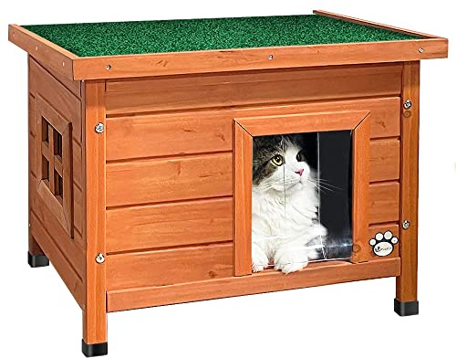 VOUNOT® Katzenhaus aus Holz, Katzen Haus mit Asphaltdach, Katzenhütte für Draussen Outdoor 57 x 45 x 43 cm