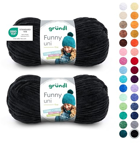 Gründl Wolle Funny uni - dicke weiche Chenille Wolle zum Häkeln - Häkelwolle - Strickwolle - Kuschelig und hautfreundlich - 100% Polyester - 2 Knäuel 100 g / 120 m - Nadelstärke 5-6 - Schwarz