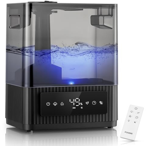 FOHERE Luftbefeuchter fürs Schlafzimmer, 6L Leiser Luftbefeuchter mit warmem und kühlem Nebel, 60H Laufzeit, Öldiffusor, Schlafmodus, 12H-Timer, Licht für heim Kinderzimmer Pflanzen Baby Kind