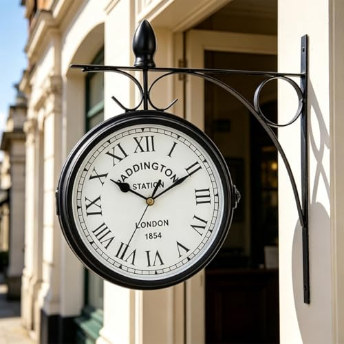 JHY DESIGN Doppelseitige Uhr 21 Zentimeter Metall Bahnhofsuhr Wasserdicht Wanduhr Hängende Retro Gartenuhr Rund Dekoruhr mit Wandhalterung für Zimmer Haus Außenbereich