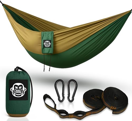 Monkey Swing Hängematte Ultraleicht inkl. Karabiner & Schwerlastgurten (bis 300  kg belastbar, 275 x 140 cm) – ideal für Camping, Outdoor, Trekking & als Reisehängematte (Grün/Khaki)