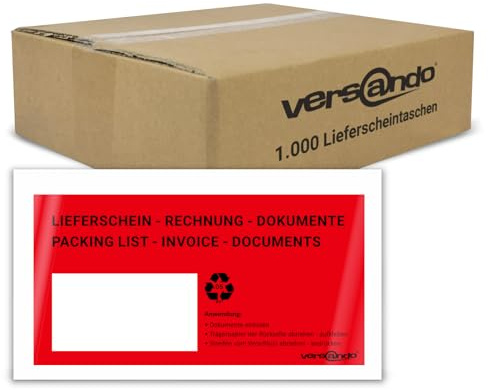 versando 1000 Lieferscheintaschen DIN lang selbstklebend Dokumententaschen Begleitpapiertaschen rot/schwarz bedruckt: Lieferschein/Rechnung