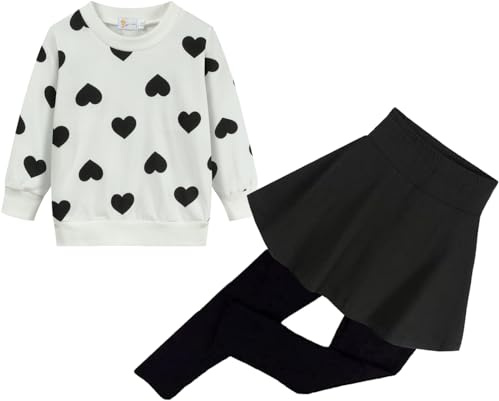 EULLA Mädchen Bekleidungssets Kinder Langarm Top + Leggings Rock Hose Outfits Baumwolle Warm Kleidung Set mit Weiß Herzfürm Kinderkleidung für Mädchen Gr.122