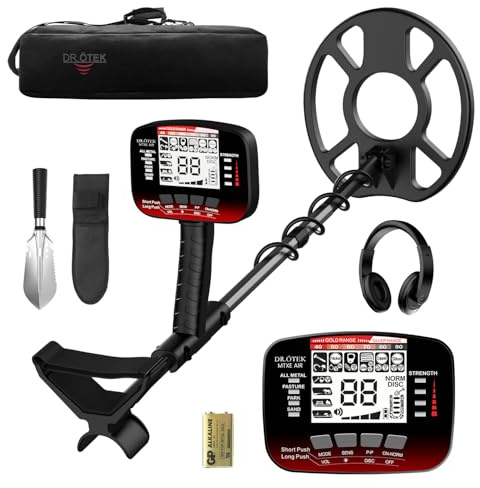 DR.ÖTEK Metalldetektor Profi Set für Erwachsene Anfänger, Aktualisierter 6 Modi Leicht Metalldetektor, 3 Terrain-Modus mit Pinpoint, IP68 wasserdichte Suchspule, Metal Detector Kit mit Zubehör, Rot