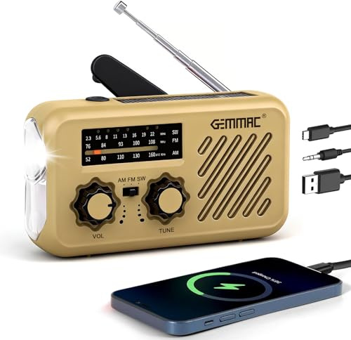 Gemmac Solar Kurbelradio mit Kopfhöreranschluss, AM/FM/SW Aufladbare Batterien Notfallradio, 3-Wege-Laden 2000mAh Power Bank USB Baustellenradio mit SOS-Alarm, Taschenlampe für Camping, Survival Kit