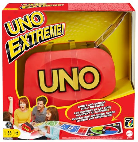 Mattel Games UNO Extreme, UNO Kartenspiel für die Familie, mit Kartenwerfer, Reisespiel oder Spiel für Erwachsene, für 2-10 Spieler, ab 7 Jahren, GXY75
