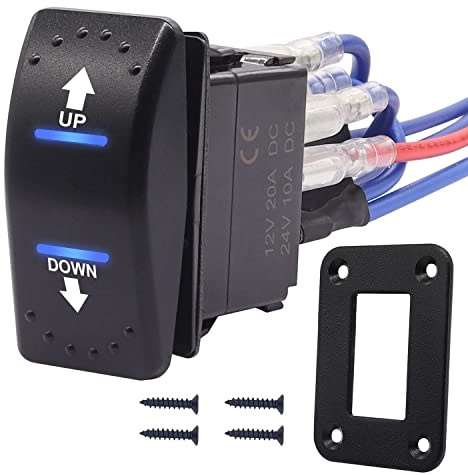 mxuteuk Polarity Reversing Momentan Wippschalter 12V 20A DC Motorsteuerung Kippschalter 7Pin Up/Down Blaue LED Winde in/out Schalter mit Aluminiumplatte Schraube Pigtail Draht DE-K-053-M-BU-XB