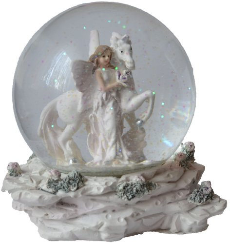 Glimmerkugel / Schneekugel mit Elfe an Einhorn stehend