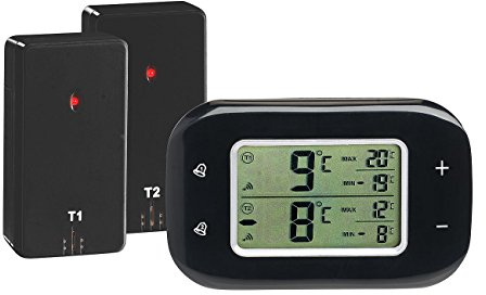Rosenstein & Söhne Kühlschrank Thermometer: Digitales Kühl- & Gefrierschrank-Thermometer, 2 Funk-Sensoren, schwarz (Kühlschrankthermometer Funk, Gefriertruhe, Kfz)
