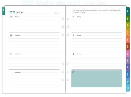 2026 Wochenplaner Einlage A5 6 Löcher, Deutsch, 1 Woche auf 2 Seiten mit Tabs, datiert mit Feiertagen, Extra Notizen & Kontakte, Geschäftsplaner Jan-Dez, 100g/m² Papier, Nachfüllpapier für Kalender