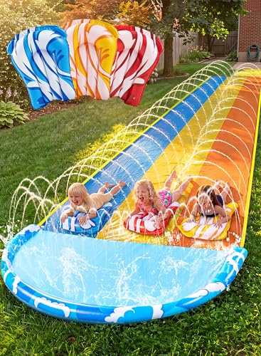 Sloosh 22,5ft x 84in/685.8*213.3cm Wellen Dreifach-Garten-Wasserrutsche, strapazierfähige Wasserrutsche mit 3 Bodyboards und Sprinkler für Kinder und Erwachsene, Sommer-Wasserspielzeug für den Garten