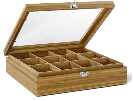 Bredemeijer große helle Holz Teebeutel-Kiste mit 12 Fächer und Sichtfenster 28 cm lang