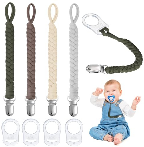 Aolso Schnullerketten Baumwolle Schnullerketten, 4pcs Schnullerkettenclips, UniversalSchnullerketten, Schnuller Geflochtene Schnullerkette unisex