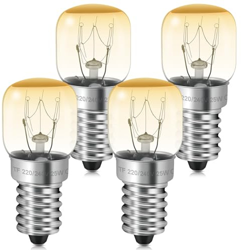 AUAUY Backofenlampe E14 25W - 4er Pack Ofenlampe, 2700K Warmweiß, Bis 300°C Hitzebeständiges, E14 Edison Kapsel Glühbirne für Backofen, Grillöfen, Salzlampe, Kühlschranklampe mit T25 Kapsel