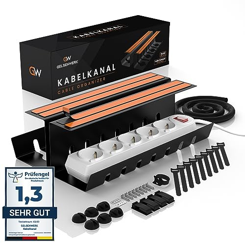 GELSENWERK® Kabelkanal Schreibtisch ohne Bohren - 2er Set - Schwarz | 2 Montagearten - Saubere Kabelführung - Kabelmanagement - Metall Kabelwanne - Steckdosenleiste - Netzteile - Ladekabel