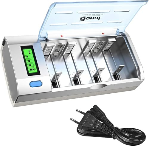 BONAI Universal Akkuladegerät für NI-MH AA AAA C D & Li-Ion 9V Batterien, Schnellladegerät mit LCD-Display & Entladefunktion, Einzelschachtüberwachung 4 Slots