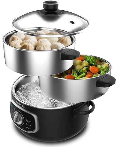 Cecotec Elektrischer Dampfgarer Vapovita Steelpot. Leistung 1300W, Edelstahlbehälter, 10L, einstellbare Zeit, Auto Abschaltung, einfache Reinigung, spezieller Deckel, gesundes Kochen, Sicherheit