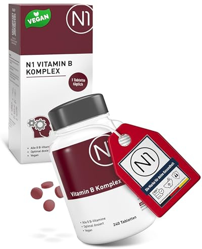 N1 Vitamin B Komplex hochdosiert - 240 vegane Tabletten - nur 1x tgl. - 8 Monats-Vorrat - alle 8 B Vitamine in einer Tablette - beste Bioverfügbarkeit