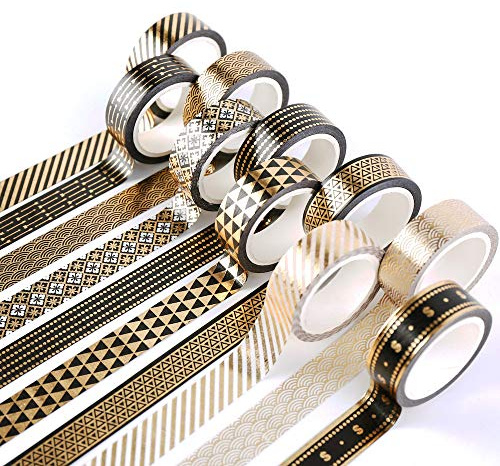 10 Rollen Washi Tape, Masking Tape schwarz-goldene Foliendruck, dekoratives Klebeband für Scrapbooking, Bullet Tagebuch, Planer, Geschenkverpackung, Urlaubsdekoration