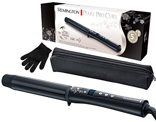 Remington Lockenstab große Locken [32mm] Pearl Digital (Keramikbeschichtung mit echten Perlen) LCD-Display 130-210°C, inkl. Hitzehandschuh, sanfte Wellen feines bis kräftiges Haar, Schwarz, CI9533