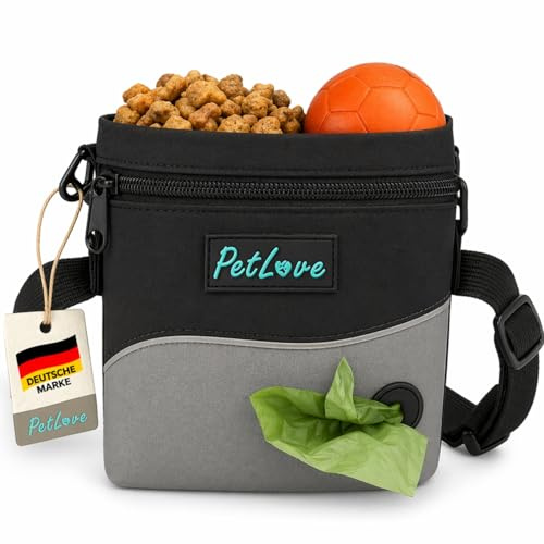 PetLove Leckerlibeutel für Hunde • Futterbeutel mit Magnetverschluss • Inklusive Kotbeutelspender & verwendbar als Bauchtasche • Grau