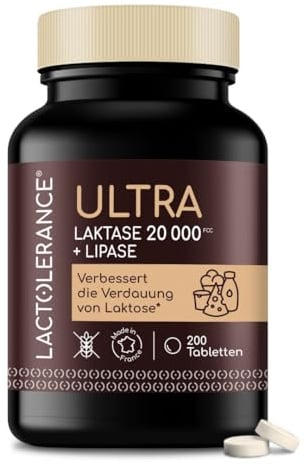 LACTOLERANCE ULTRA Laktase 20.000 FCC, Lipase 500 I.E., 200 Tabletten | Doppelwirkung bei Laktose und Fett. Geeignet bei Laktoseintoleranz. Fördert die Fettverdauung. Sparformat. Aus Frankreich.