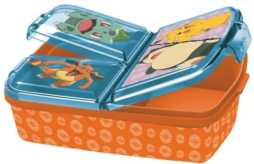 Pokémon Brotdose Kinder mit 3 Fächern, Lunchbox aus Kunststoff mit Clip-Verschlüssen, Vesperdose für Kindergarten, Schule und Freizeit