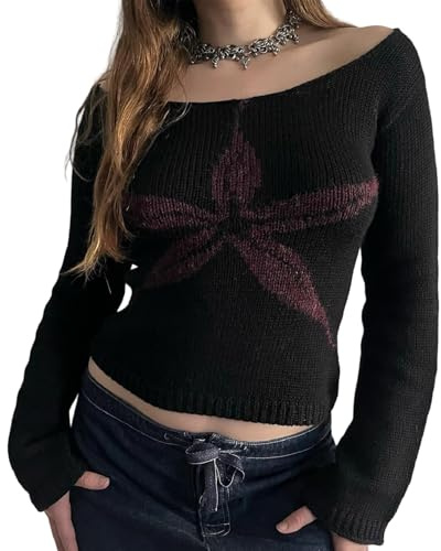 Schulterfreies Strick-Top für Damen, langärmelig, Blumendruck, Fairycore, Häkelpullover, Pullover