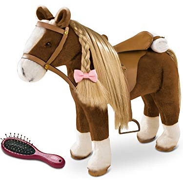 Götz 3402375 Brown Beauty Kämmpferd mit Sattel Plüschpferd für Puppen | 6-tlg Pferd, Zubehör für Stehpuppen bis 50 cm, Mähne kämmbar, Zaumzeug, Höhe ca 52 cm, Stockmaß 37 cm, für Kinder ab 3 Jahren