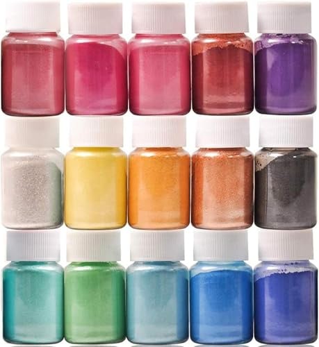 DEWEL Epoxidharz Farbe Mica Pulver, 15 Farbe × 10g Pigment metallischer | Perlglanz Epoxidharz Pulver, Seifenfarbe, Lipgloss, Lidschatten, Badebombe, Kerzenherstellung, Resin Pulverfarbe