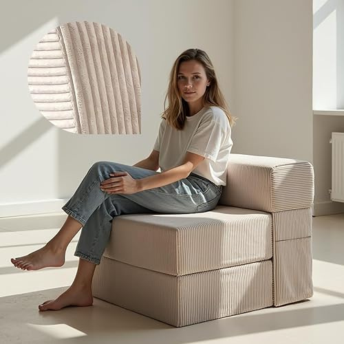 Schlafsessel mit Bettfunktion – Cord Sofa, Schlafsofa 75 cm breit, faltbare Schlafcouch & Gästematratze für 2, klappbares Sofa Bett – Sehr dick 19cm & bequem H3 – Test SEHR GUT Oeko-TEX Klappmatratze
