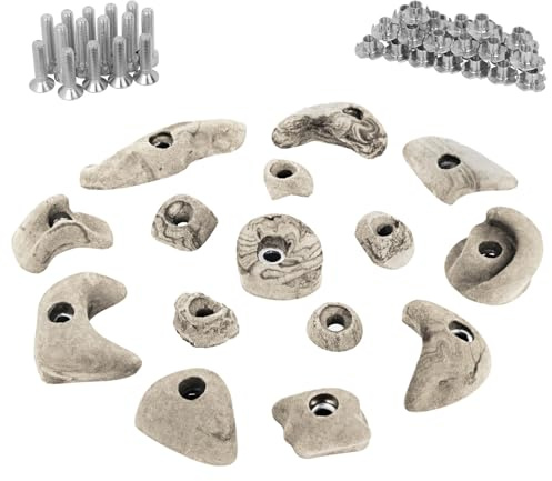 ALPIDEX 15 Klettergriffe | Starterset | Inklusive Schrauben, Einschlagmuttern | Klettersteine | Größen L, M, S | Verschiedene Formen Größen | Klettergriffset, Farbe:weiß-meliert