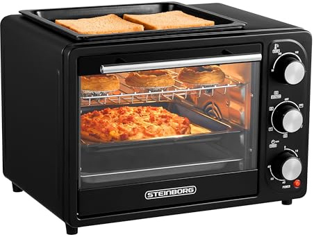 3in1 Mini Backofen 20 Liter mit Konvektion inkl. Warmhalteplatte | 2 Backbleche + Grillrost | Minibackofen | Pizza-Ofen | zuschaltbare Umluft | abnehmbare Grillplatte | 60 min.Timer | 1300W