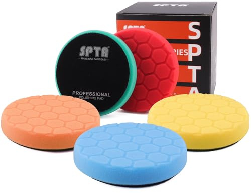 SPTA 150mm Polierpad Hex-Logic Wachs Schwämme Auto Polierschwamm Polieren Pad Polierschaum Set für Exzenter Poliermaschine Schleifmaschine, Schwarz, Gelb, Orange, Gelb
