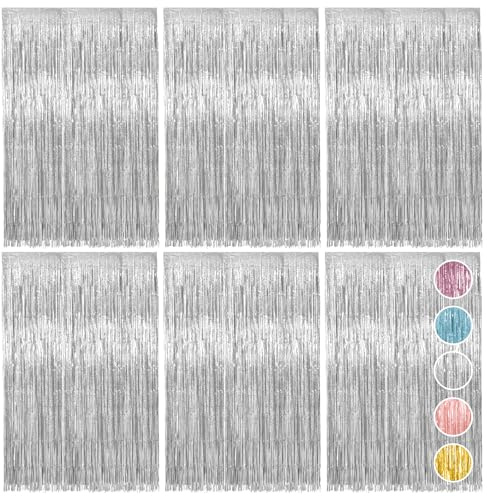 Vaktop 6 Stück Lametta Vorhang Silber, Glitzervorhang Lametta, 1m x 2m | Glitzer Party Vorhang, Folien Fransen Hintergrund fur Party Deko Geburtstagsdeko Hochzeit Festivals Bühnendekor