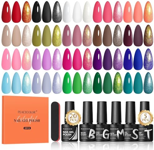 PEACECOLOR 25PCS UV Nagellack Set, 20 Farben Rot Schwarz Weiß Rosa Gel Nagellack, Base und Top Coat Matte Glitter, Soak-Off UV/LED für DIY Home, 7ML