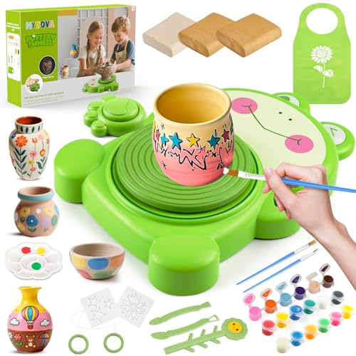 Töpferset für Kinder, Mini Töpferscheibe Elektrisch mit 3 Packungen Ton, Farbe, Zeichenwerkzeuge, Schnitzwerkzeuge, Töpferei Malerei Kit Spielzeug Alter 6-12, DIY Bastelset Geschenke für Anfänger