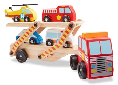 Melissa & Doug - Autotransporter mit Rettungsfahrzeugen, 6-teilig, Spielzeugauto aus Holz, Für Kinder ab 3 Jahren