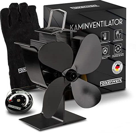 FALKENWERK Ofenventilator ohne Strom inkl. Kaminthermometer & Ofenhandschuh - Leiser Kaminventilator - Wärmebetriebener Ventilator für Kaminofen - Ofen Ventilator zur Wärmeverteilung
