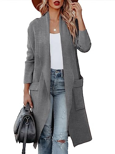 Uusollecy Strickjacke Damen Langarm Drapiert Open Front, Lange Cardigan mit Taschen