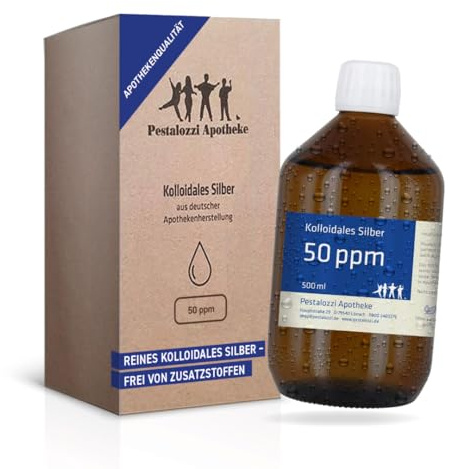 Pestalozzi Apotheke - Kolloidales Silber 50 ppm – 100% natürliches Silberwasser in Apothekenqualität, hochrein & ohne Zusatzstoffe, vielseitig anwendbar, Braunglasflasche – 500 ml