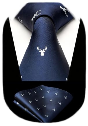 HISDERN Herren Marineblau Krawatte und Einstecktuch Hochzeit Elch Krawatten Taschentuch Set