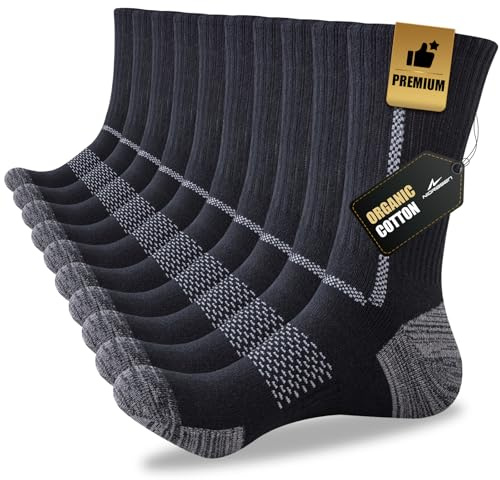 Niorasen Baumwollsocken Herren, 5 Paar, gepolsterte Crew Socken | 78,6% Baumwolle mit Vollfrottee-Polsterung, Fußgewölbestütze und verstärkter Ferse und Spitze; für Arbeit, Sport und Wandern.
