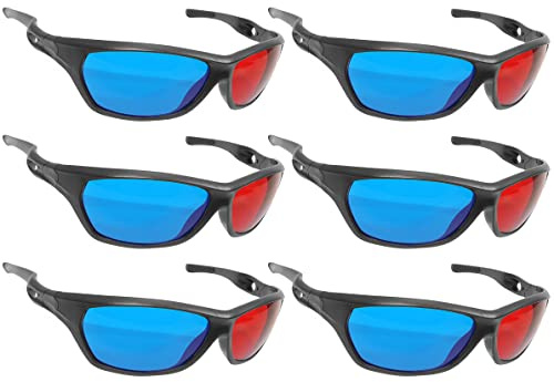 Ganzoo 3D Brille Anaglyphen rot/Cyan als 6er Set, sportliche schwarze Kunststofffassung, faltbare Scharnierbügel, 15 cm Breite, 13 cm Bügellänge, 24 g leicht für längeres Tragen bei Filmen und Spielen