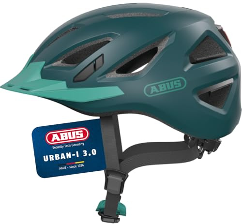 ABUS Stadthelm Urban-I 3.0 - Fahrradhelm mit Rücklicht, Schirm und Magnetverschluss - für Damen und Herren - Blaugrün, Größe M
