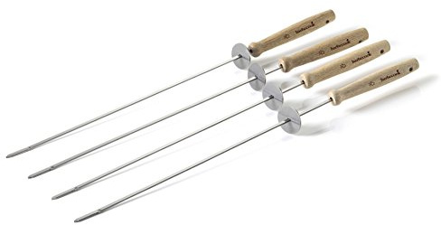 Barbecook Wiederverwendbare Grillspieße, Set mit 4 Spießen, Grillzubehör aus Edelstahl und Holz, 46cm, Grau-beige