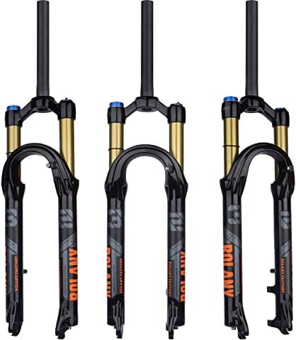 BOLANY 27.5/29Zoll MTB Luftgabel, 120mm Federweg Fahrrad-Federgabel 28.6mm (1-1/8inch) 220mm Gewindefreier gerader Gabelschaft 9x100mm QR Scheibenbremsversion