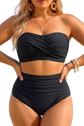 Yonique Damen-Badeanzug, zweiteilig, große Größe, hohe Taille, Bandeau-Stil | Herausnehmbare Pads, verstellbare Träger, sicherer Hakenverschluss, Rückenausschnitt, vollständige Abdeckung