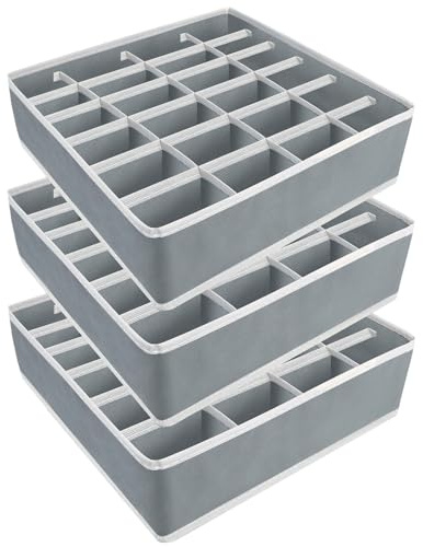 Yucch 3er Set Schubladen Organizer – Faltbare Stoffboxen für Kleiderschrank mit 24 Fächern für Socken, Krawatten und Unterhosen (Grau)