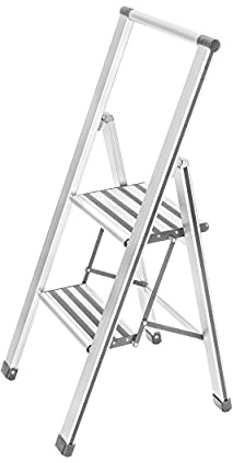 WENKO Leichte Aluminium Trittleiter mit 2 Stufen für 50 cm höheren Stand, rutschsichere XXL-Stufen, Design Klapptrittleiter, TÜV Süd Zertifiziert, 44 x 101 x 5,5 cm, Weiß